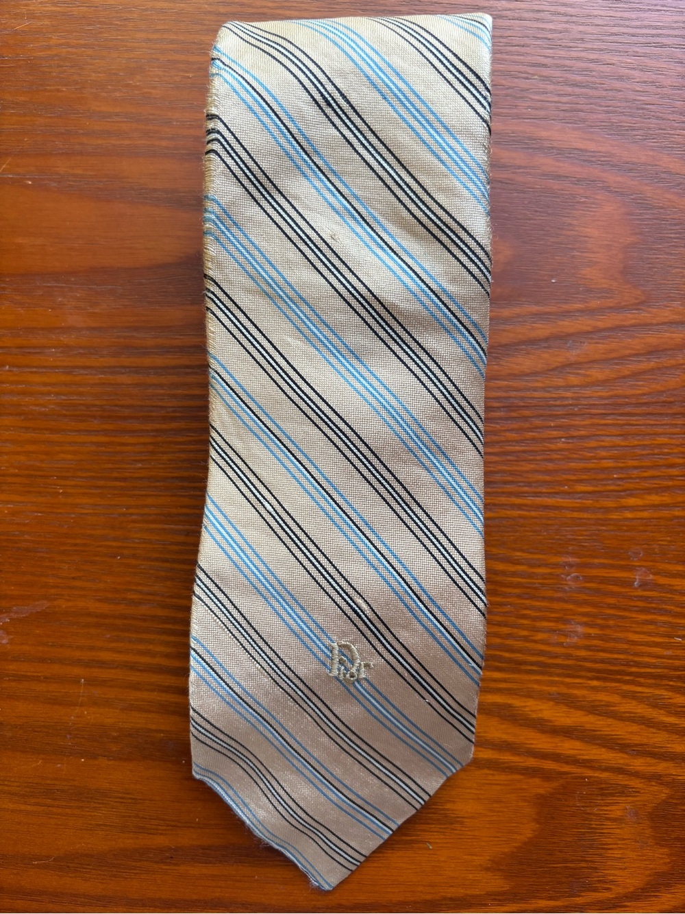 Vintage Christian Dior Striped Silk Tie in Tan, Blue and Black 57”x3”
